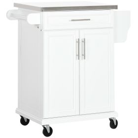 HOMCOM Kitchen Island on Wheels, Rolling Kitchen Cart with Stainless Steel Countertop, Drawer, Towel Rack and Spice Rack, Utility Storage Trolley, Whi